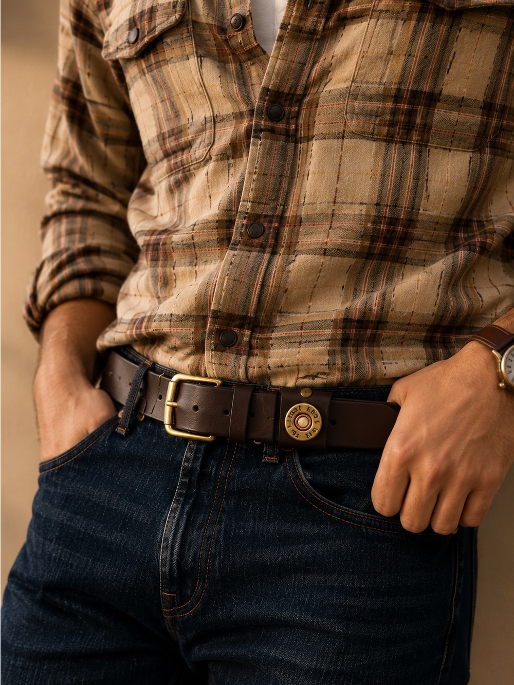 Brown Leather Belt 42 Western Shotgun Shell Brass Buckle USA Made Rustic Cowboy